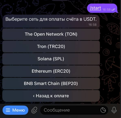 Выбор сети для оплаты CP